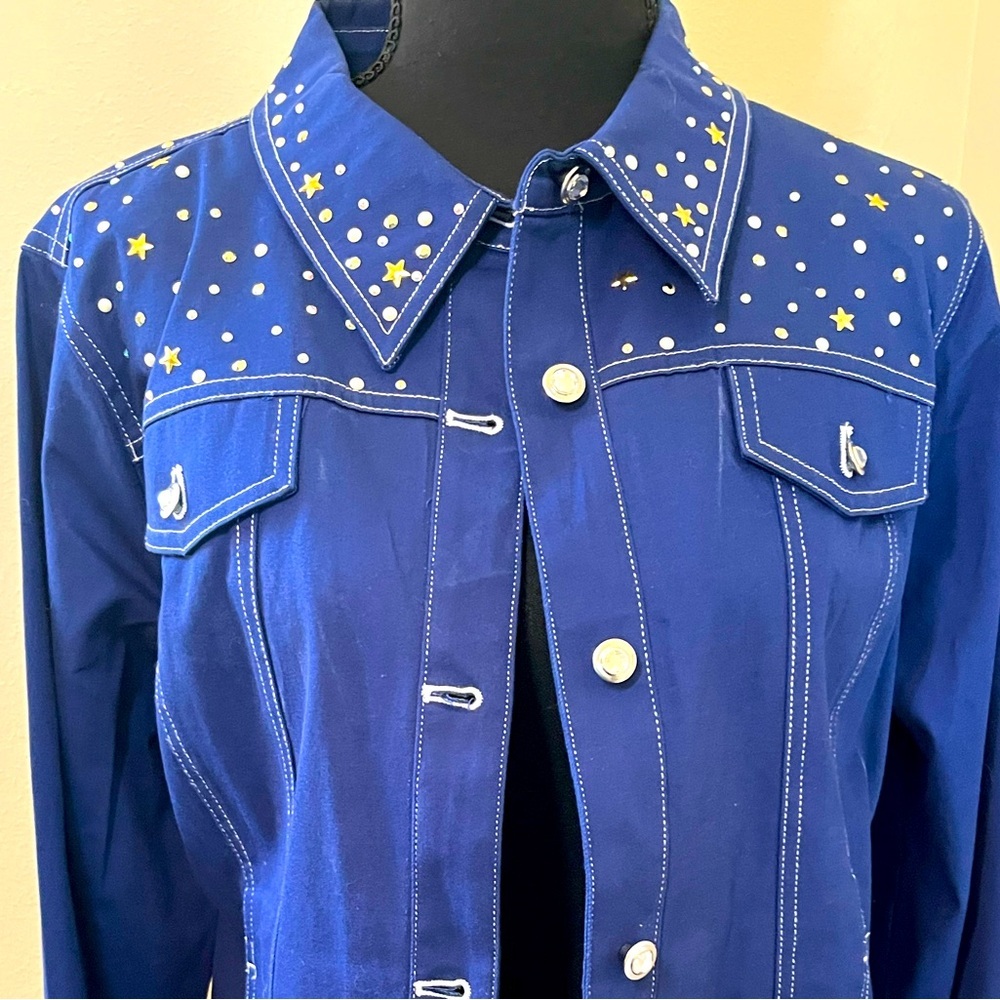 NWOT Quacker Factory L Royal Blue Star-Studded Jacket. Cotton & Spandex